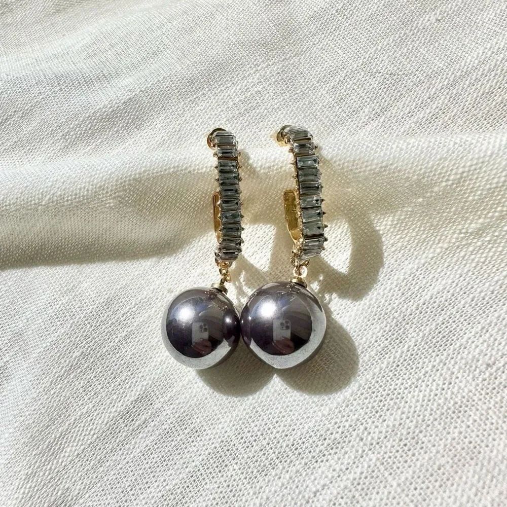 Gray Pearl Drop Earrings Rhinestone Huggie Hoop Earrings Bridal Wedding